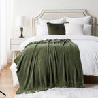 Battilo Home Olive Green Throw Blanket For Couch, Soft Chenille Knit Throws With Tassels For Home Decor, Green Throws For Couch