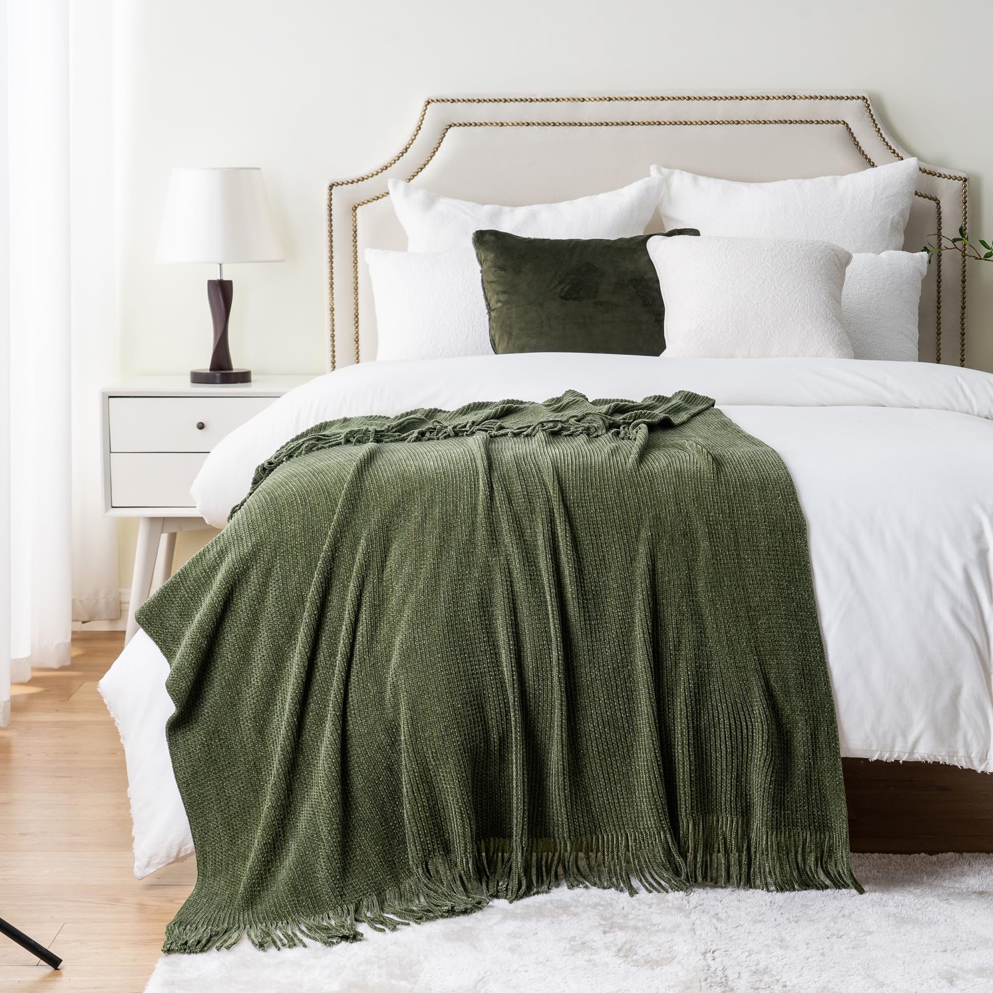 Battilo Home Olive Green Throw Blanket For Couch, Soft Chenille Knit Throws With Tassels For Home Decor, Green Throws For Couch