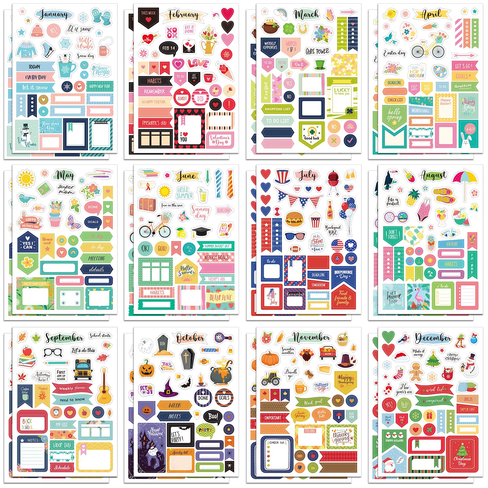 Teling 24 Sheets Holiday Stickers Seasonal Planner Calendar Stickers Monthly Seasonal Stickers Winter First Day Of School Aesthe