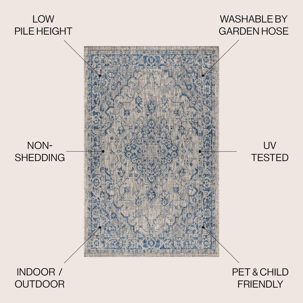 Jonathan Y Smb102B-8 Rozetta Boho Medallion Textured Weave Indoor Outdoor -Area Rug Coastal Bohemian Rustic Glam Easy-Cleaning Bedroom Kitchen Backyard Patio Non Shedding, 8 X 10, Gray/Navy