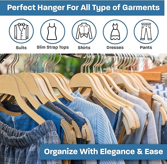 Wooden Suit Hangers with Bowed Contoured Shoulders, Natural Wood Finish