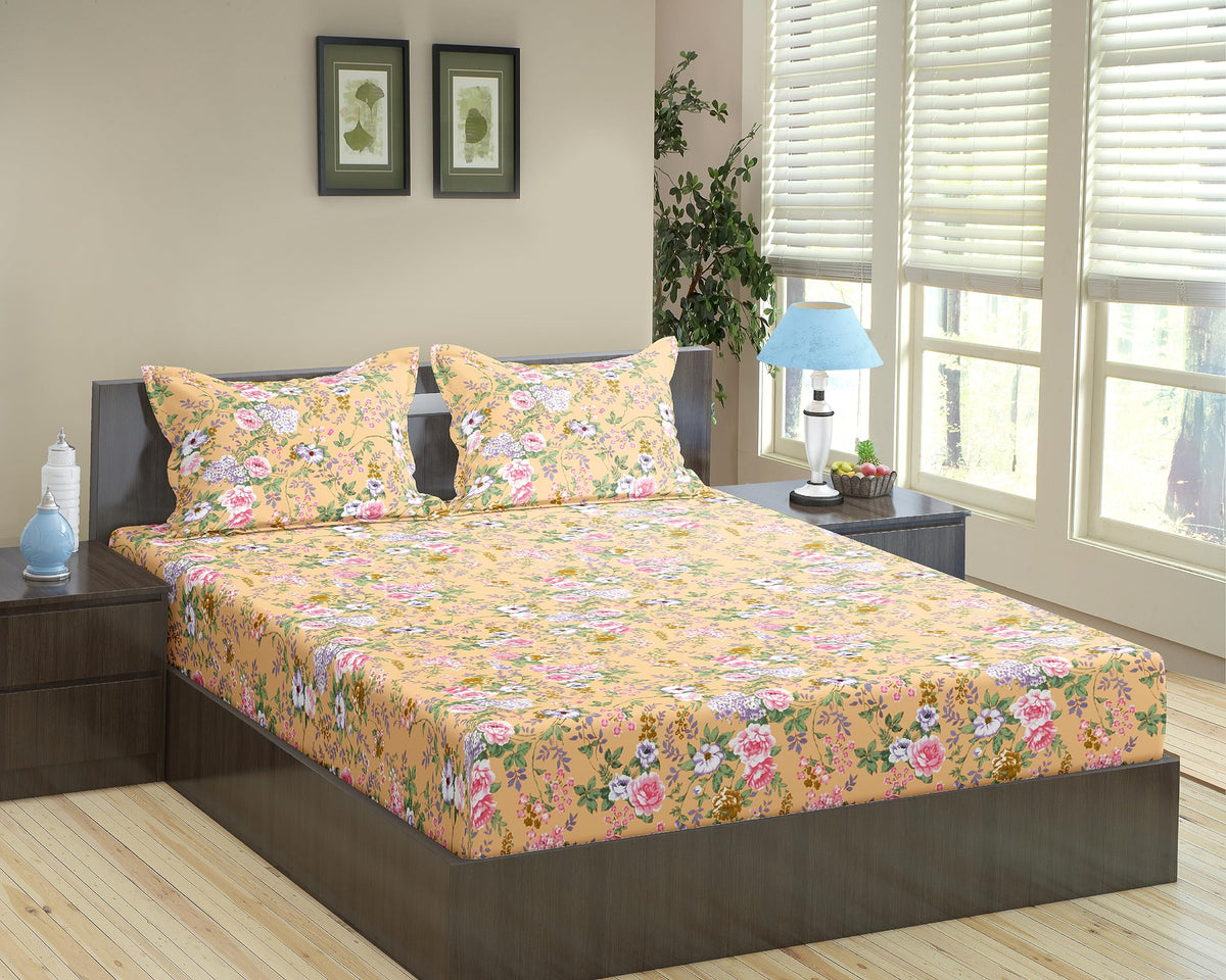 Trance Home Linen 100% Cotton 84inchX78inch Elastic Fitted Bedsheet Super King Bed Size | Printed Fitted Sheet | Elasticated Fitted Be