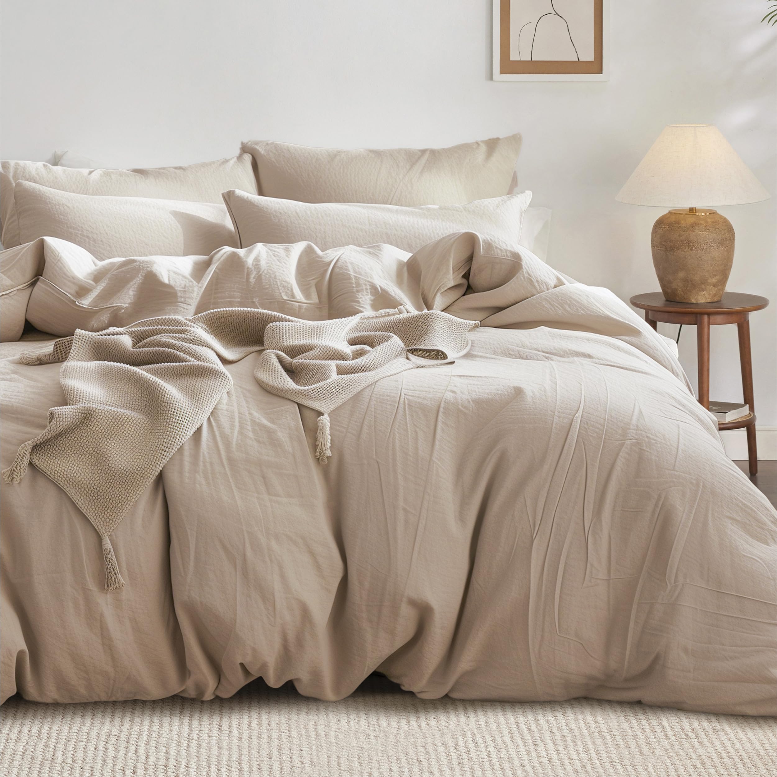 Bedsure 100% Washed Cotton Duvet Cover Oversized King - Warm Sand Minimalist Duvet Cover Linen Like - 3 Pieces Plain Simple Bedd