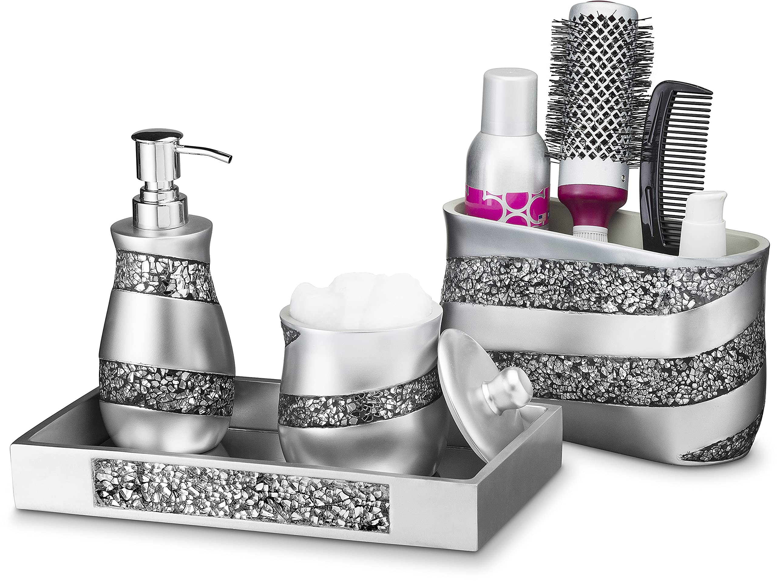 Creative Scents Silver Mosaic Qtip Holder - Decorative Cotton Ball Jar - Durable Resin Cotton Swab Dispenser - Beautiful Bathroo