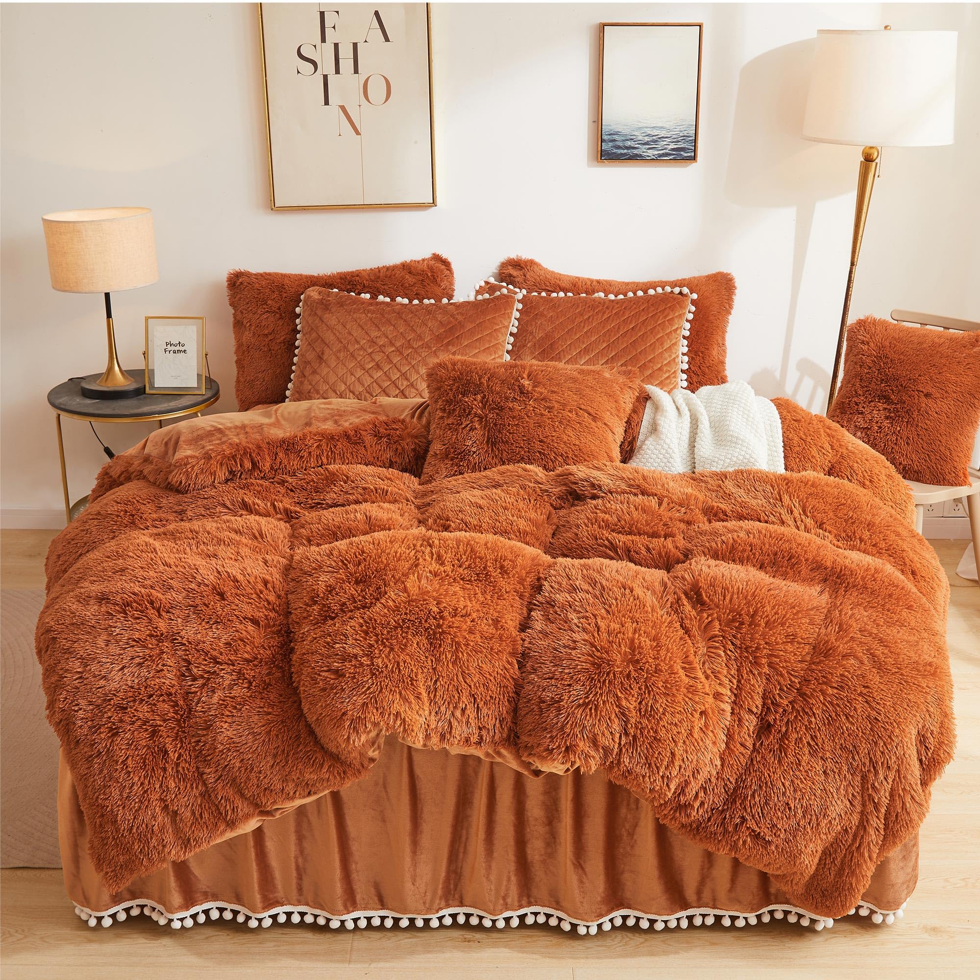 Liferevo Terracotta Plush Shaggy Duvet Cover Set, Soft Velvet Fluffy Comforter Cover Furry Bedding Set(1 Faux Fur Fuzzy Duvet Co