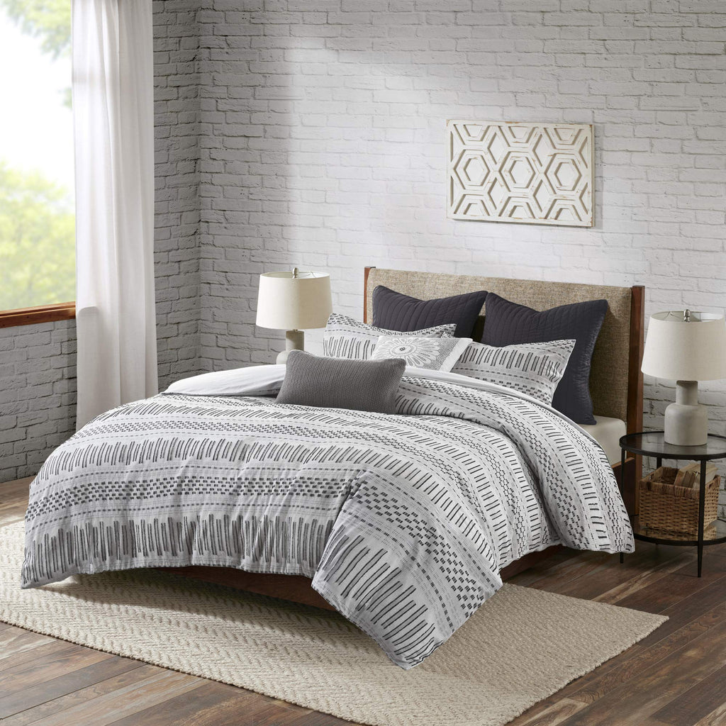 Ink+Ivy Rhea 100% Cotton Duvet Set Mid Century Modern Boho Design, All Season Comforter Cover Bedding Set, Matching Shams, Full/Queen, Geometric Clipped Jacquard Grey 3 Piece