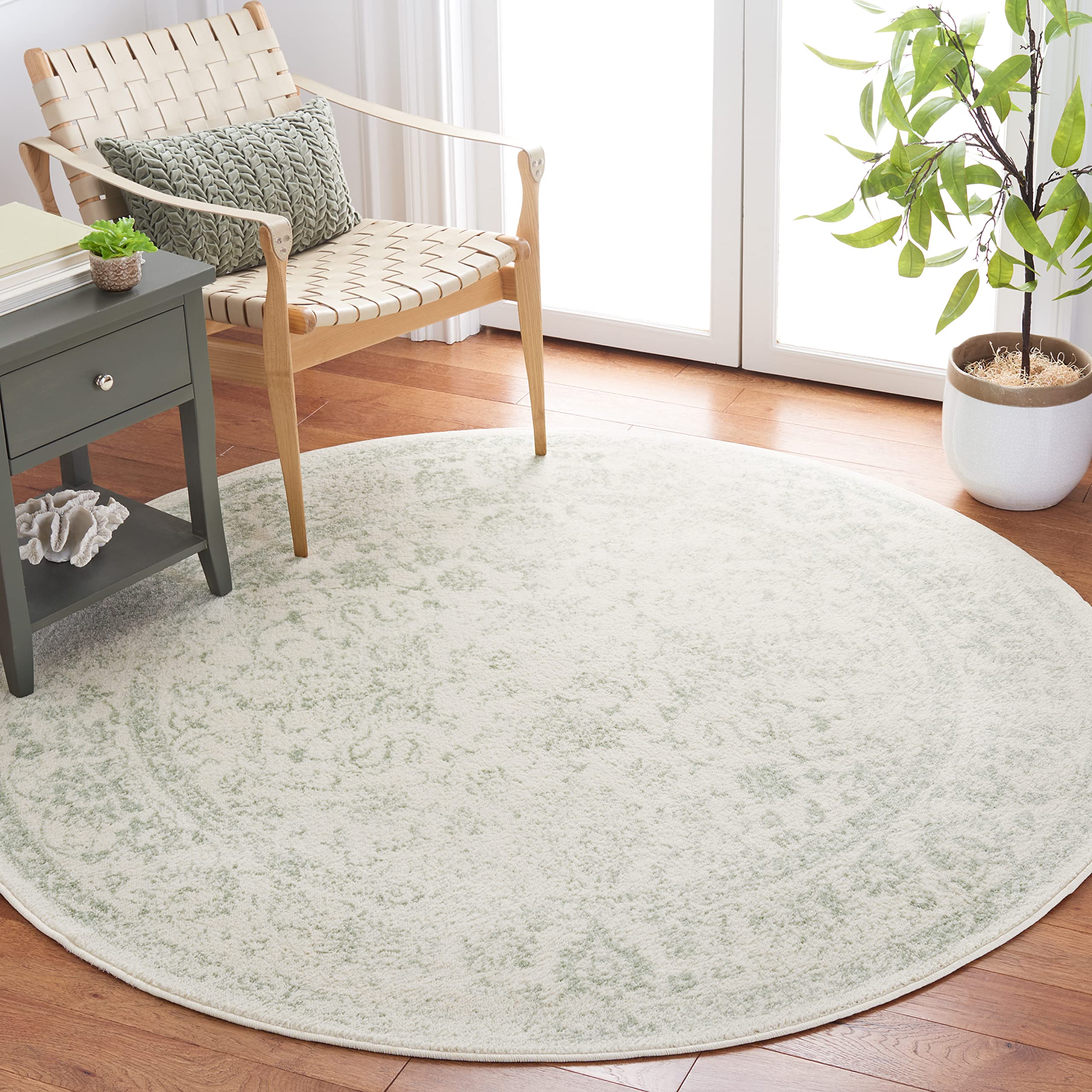 SAFAVIEH Adirondack Collection Area Rug - 67 Round, Ivory/Sage, Geometric Design, Ideal for High Traffic Areas in Living Room, 