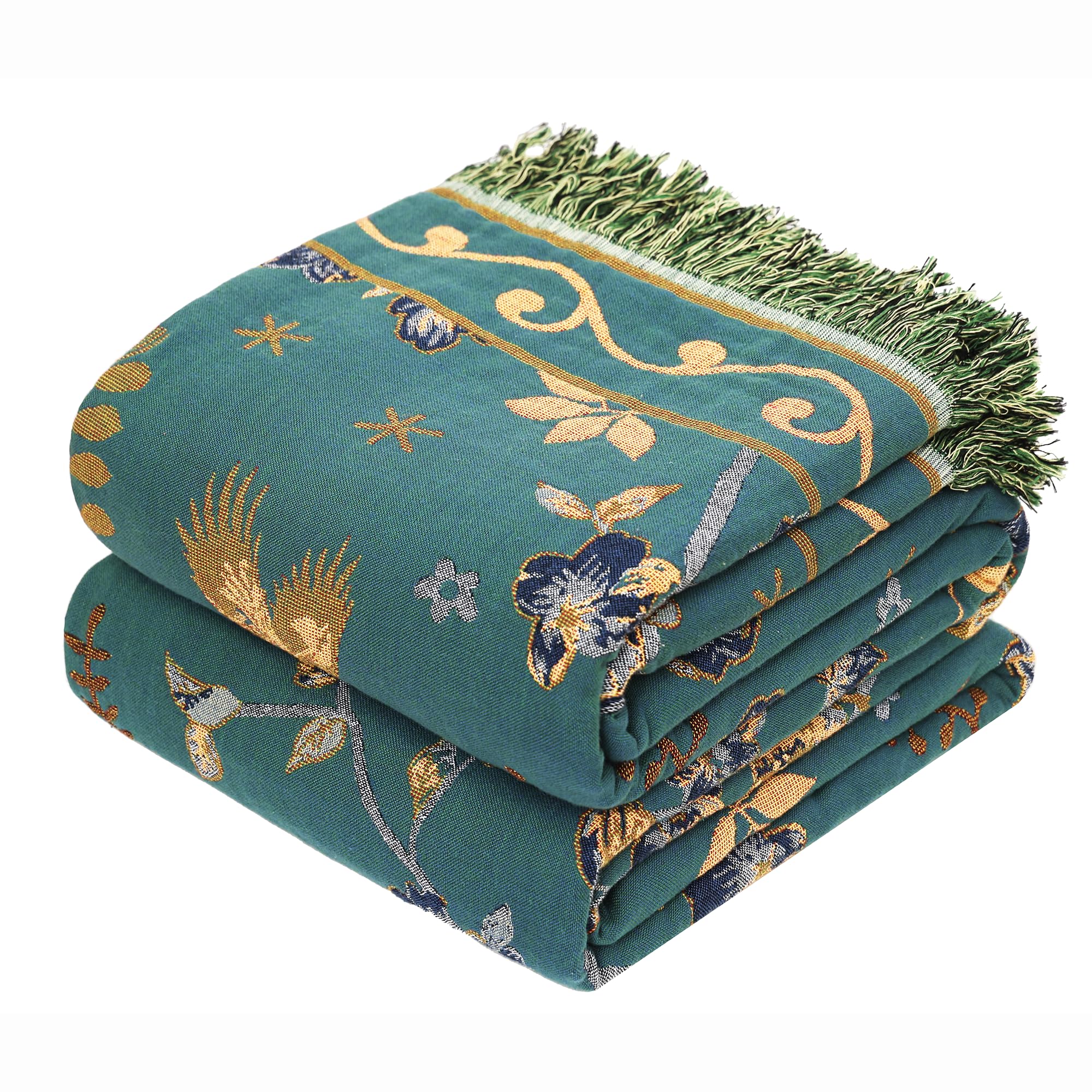VANJOROY Boho 100% Organic Cotton Large Throw Blanket Ultra Soft Breathable Floral Bird Blanket for Bed Sofa Couch Chair Bedspre
