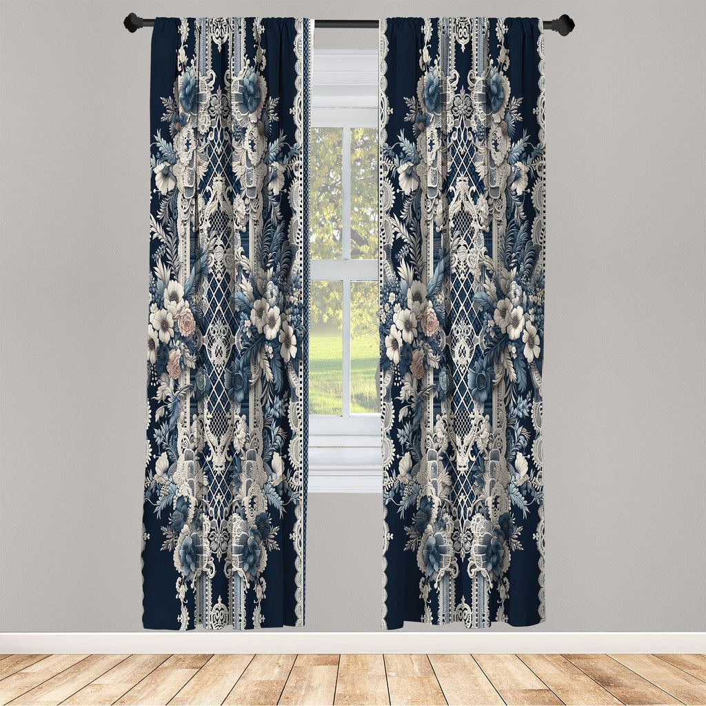 Ambesonne Victorian Curtains, Cold Tone Lace Pattern With Floral Curlicue Leaves Baroque Tile Art, Window Treatments 2 Panel Set