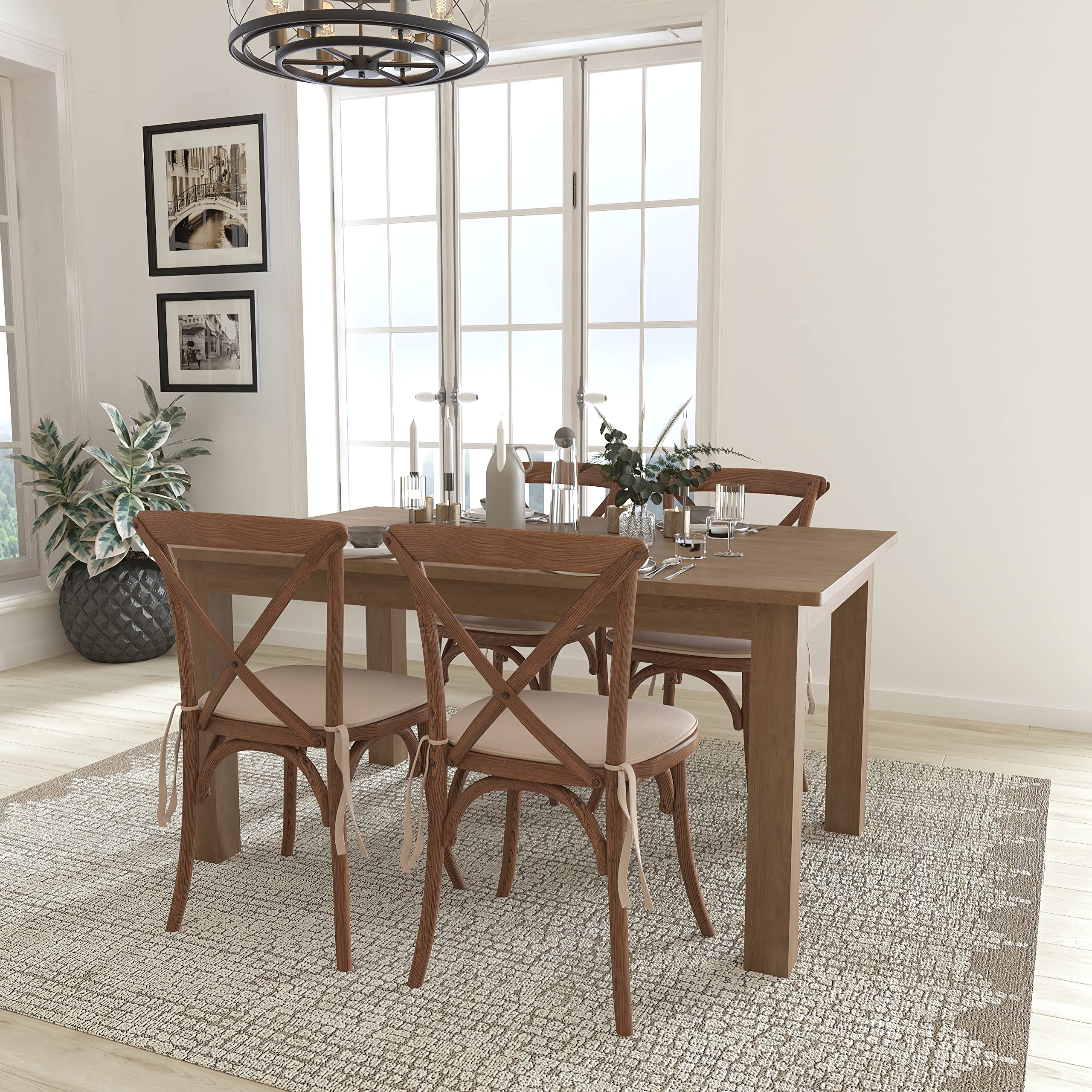 Flash Furniture HERCULES Series 7' x 40'' Antique Rustic Folding Farm Table Set with 4 Cross Back Chairs and Cushions