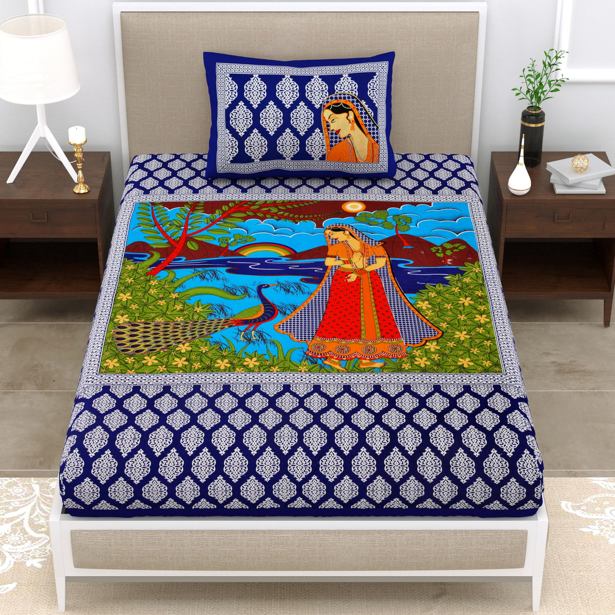 KOUNDAL Rajasthani Jaipuri Traditional Sanganeri Peacock Print 144 TC 100% Cotton Single Size Bedsheet with one Pillow Covers