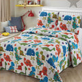 2 Pc Twin Size Quilt Bedspread Kids/Teens Boys Girls Dinosaurswhite Blue Green Orange Baby Dinosaours Multicolor Bedding New
