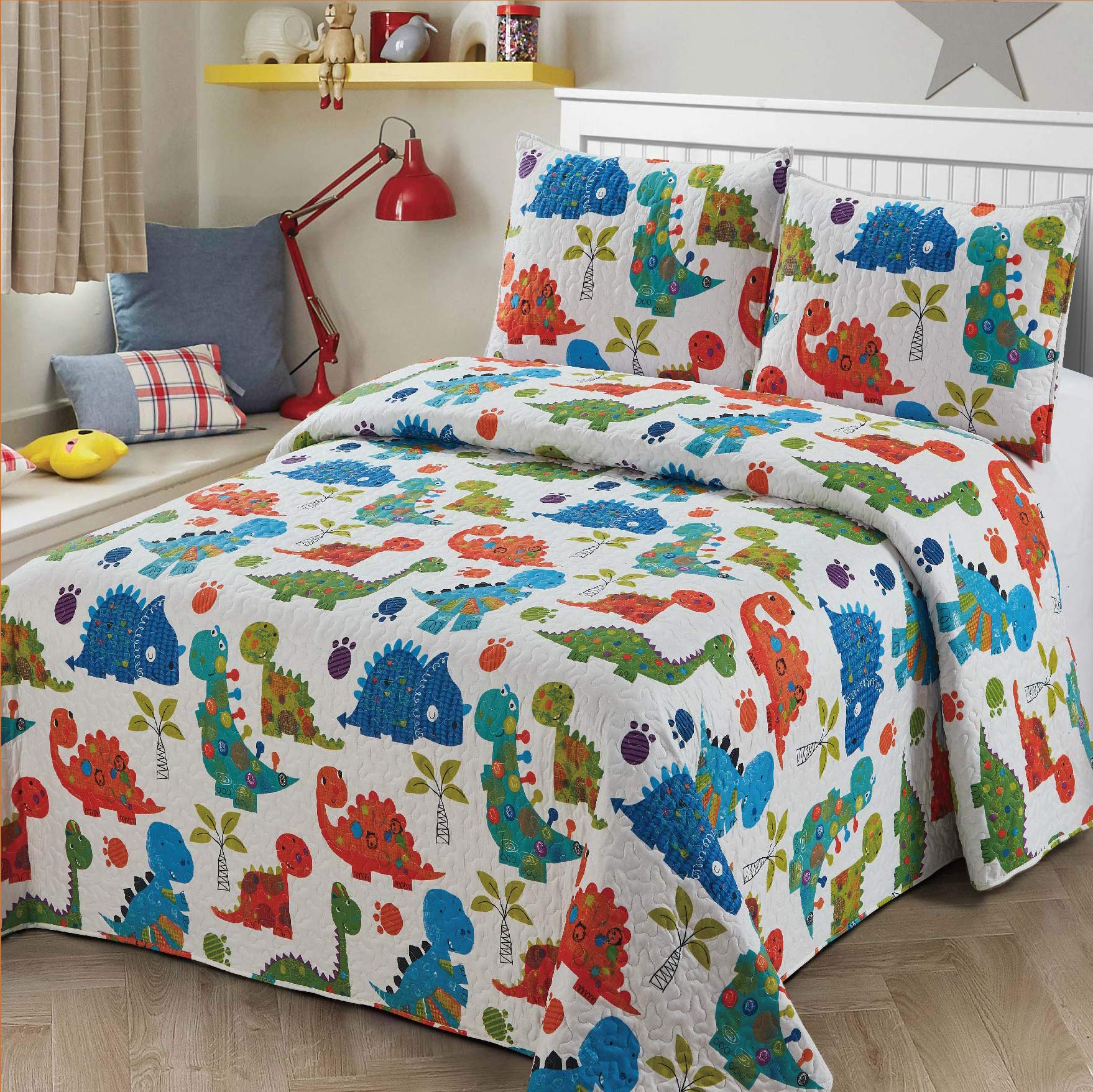 2 Pc Twin Size Quilt Bedspread Kids/Teens Boys Girls Dinosaurswhite Blue Green Orange Baby Dinosaours Multicolor Bedding New