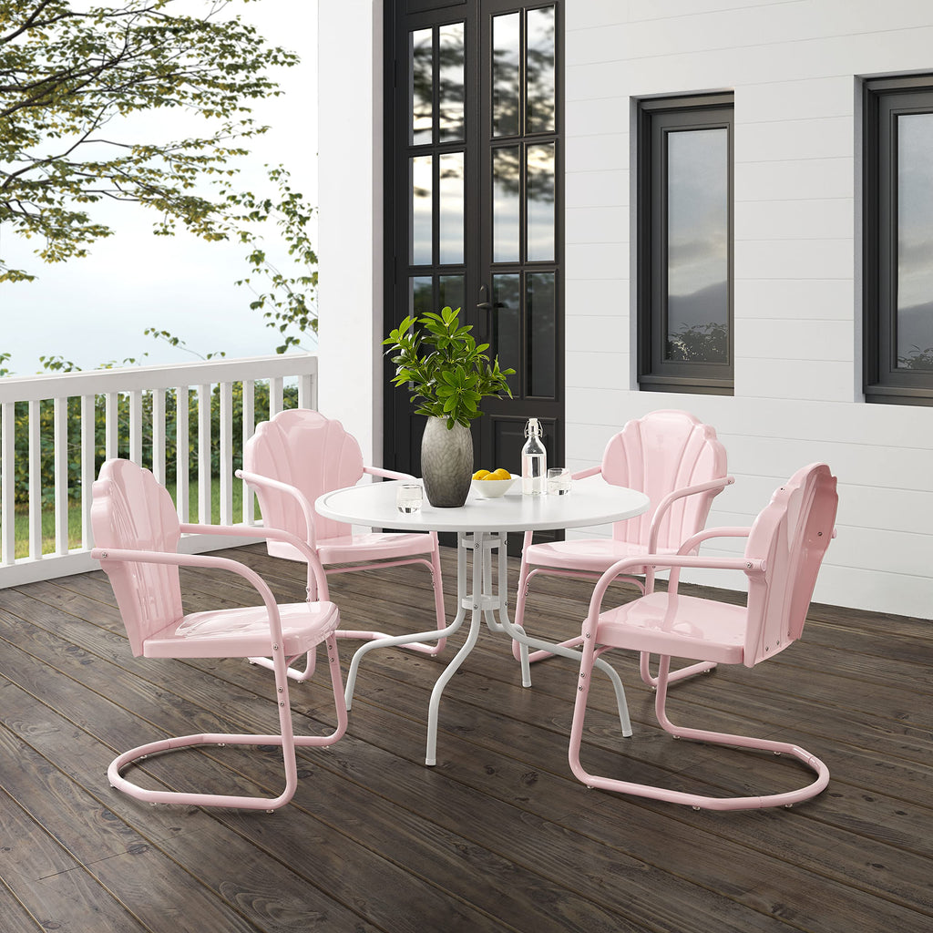 Crosley Furniture Tulip 5-Piece Outdoor Dining Set For 4, Retro Metal Round Patio Table And Chairs For Deck, Pastel Pink Gloss