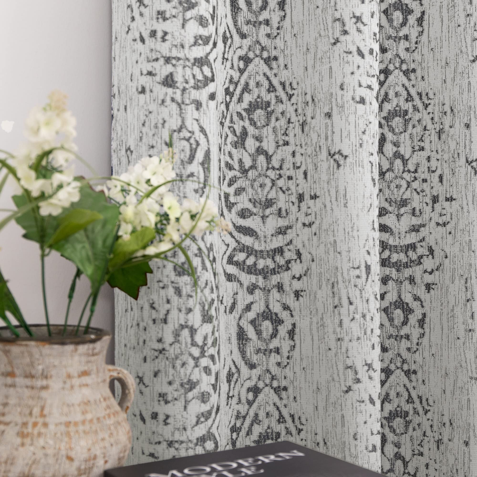Mrs.Naturall Textured Curtains 96 Inches Long For Living Room Matching Area Rugs Set Grey Floral Pattern Floor Length European Embroidery Curtains For Bedroom Sliding Patio Door 2 Panels,Light Gray