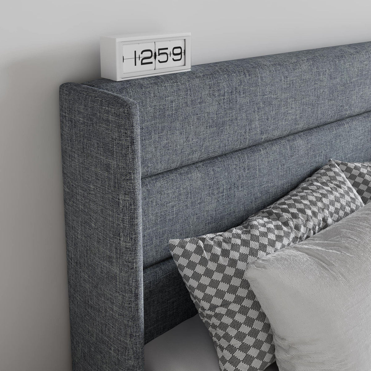 Sha Cerlin Queen Size Lift Up Storage Bed/Modern Wingback Headboard/Upholstered Platform Bed Frame/Hydraulic Storage/No Box Spring Needed/Wood Slats Support/Grey Blue