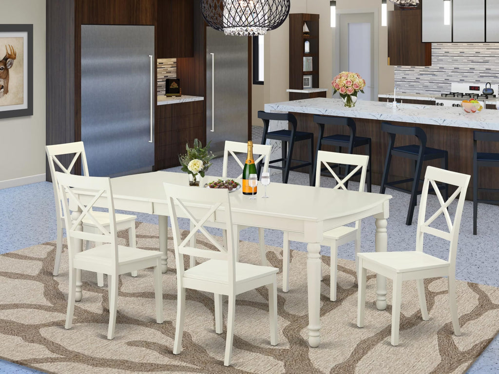 East West Furniture DOBO7-LWH-W 7 Piece Kitchen Table & Chairs Set Consist of a Rectangle Dining Room Table with Butterfly Leaf and 6 Solid Wood Seat Chairs, 42x78 Inch, Linen White