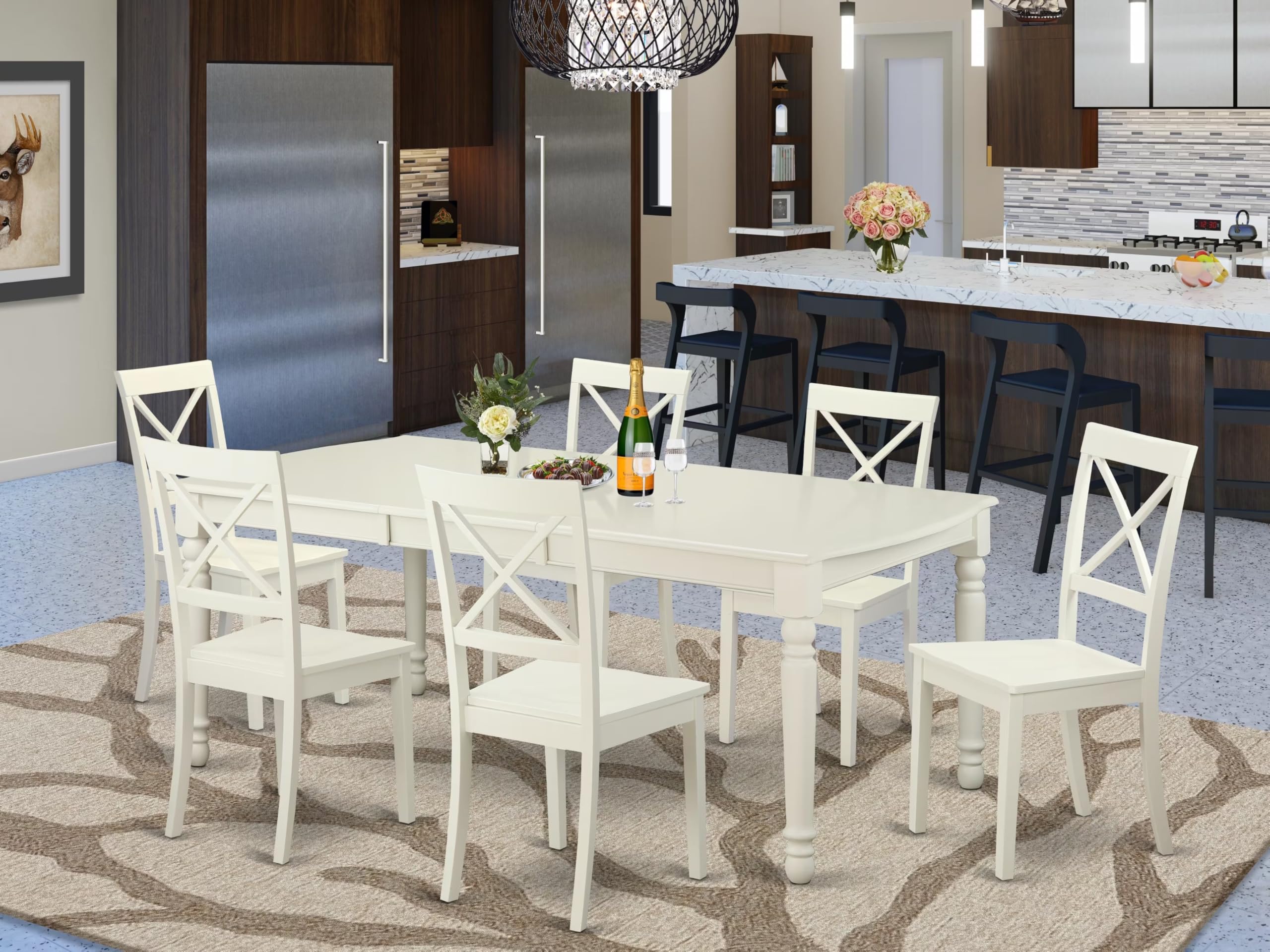 East West Furniture DOBO7-LWH-W 7 Piece Kitchen Table & Chairs Set Consist of a Rectangle Dining Room Table with Butterfly Leaf and 6 Solid Wood Seat Chairs, 42x78 Inch, Linen White