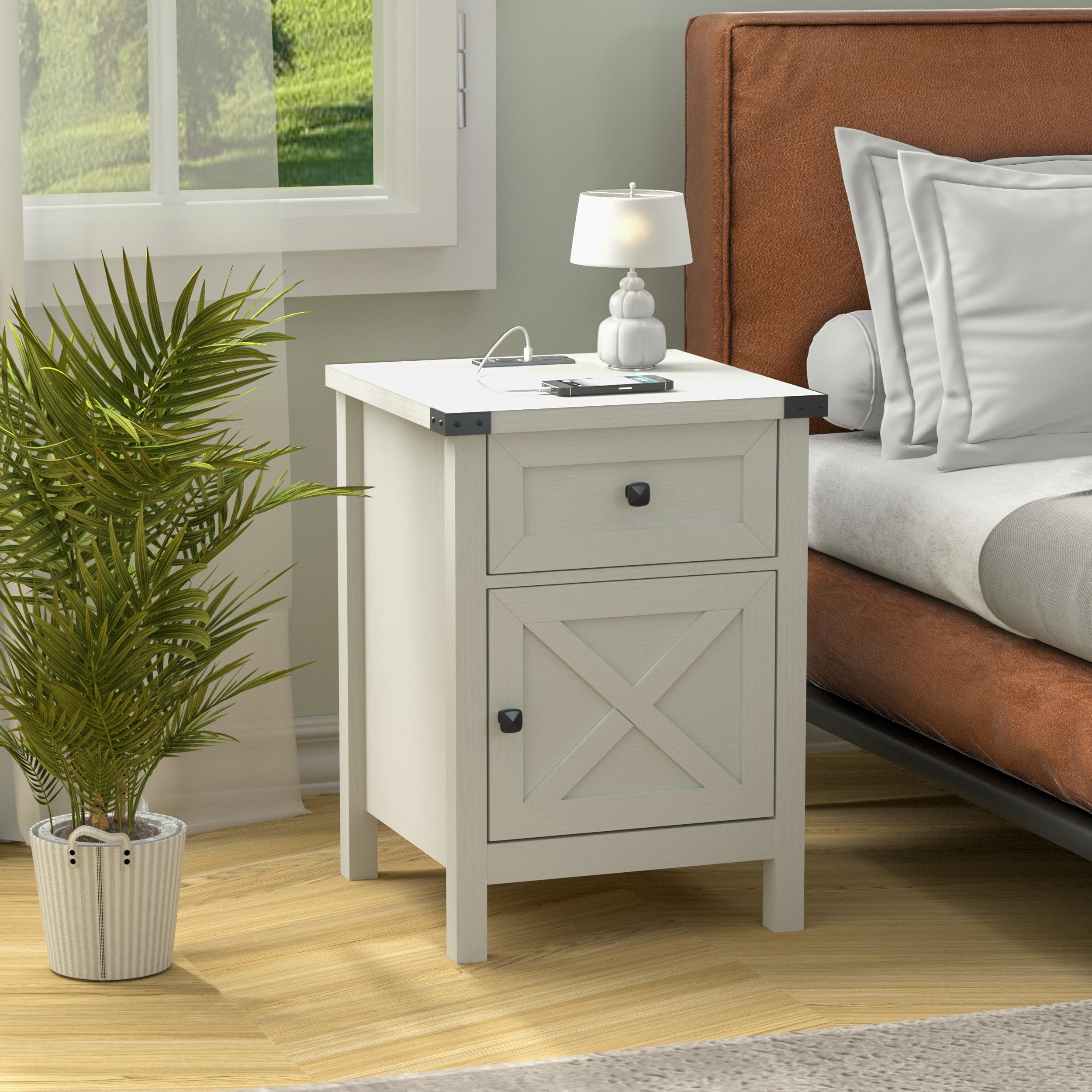 Farmhouse Nightstand with Charging Station, White Side Table, Rustic End Table with Barn Door and Drawer, Rustic Floating Nights