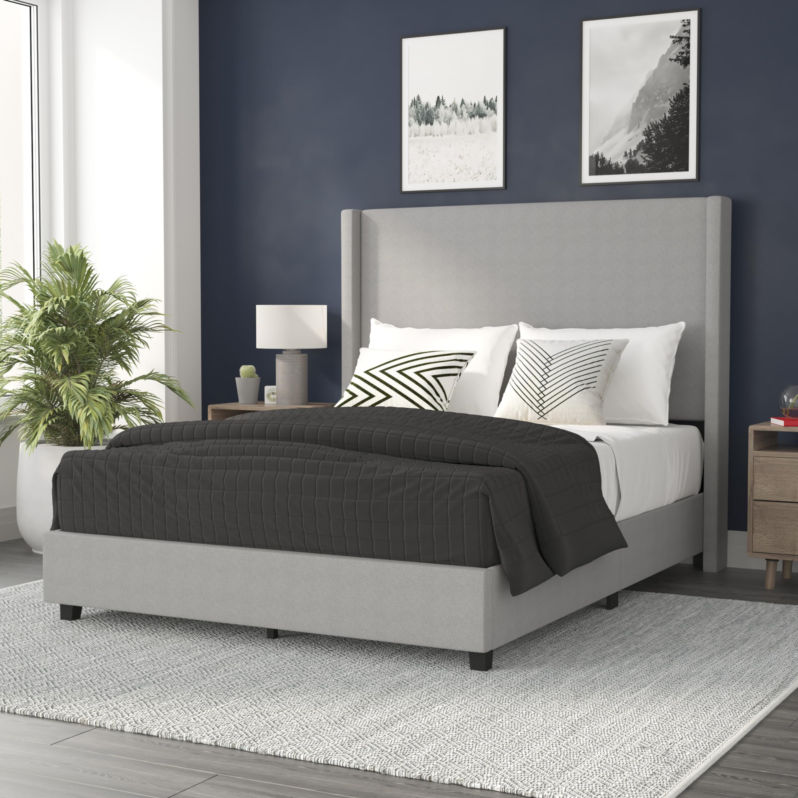 Flash Furniture Quinn Upholstered Platform Bed - Gray Channel Stitched Wingback Headboard - Queen - Mattress Foundation with Sla