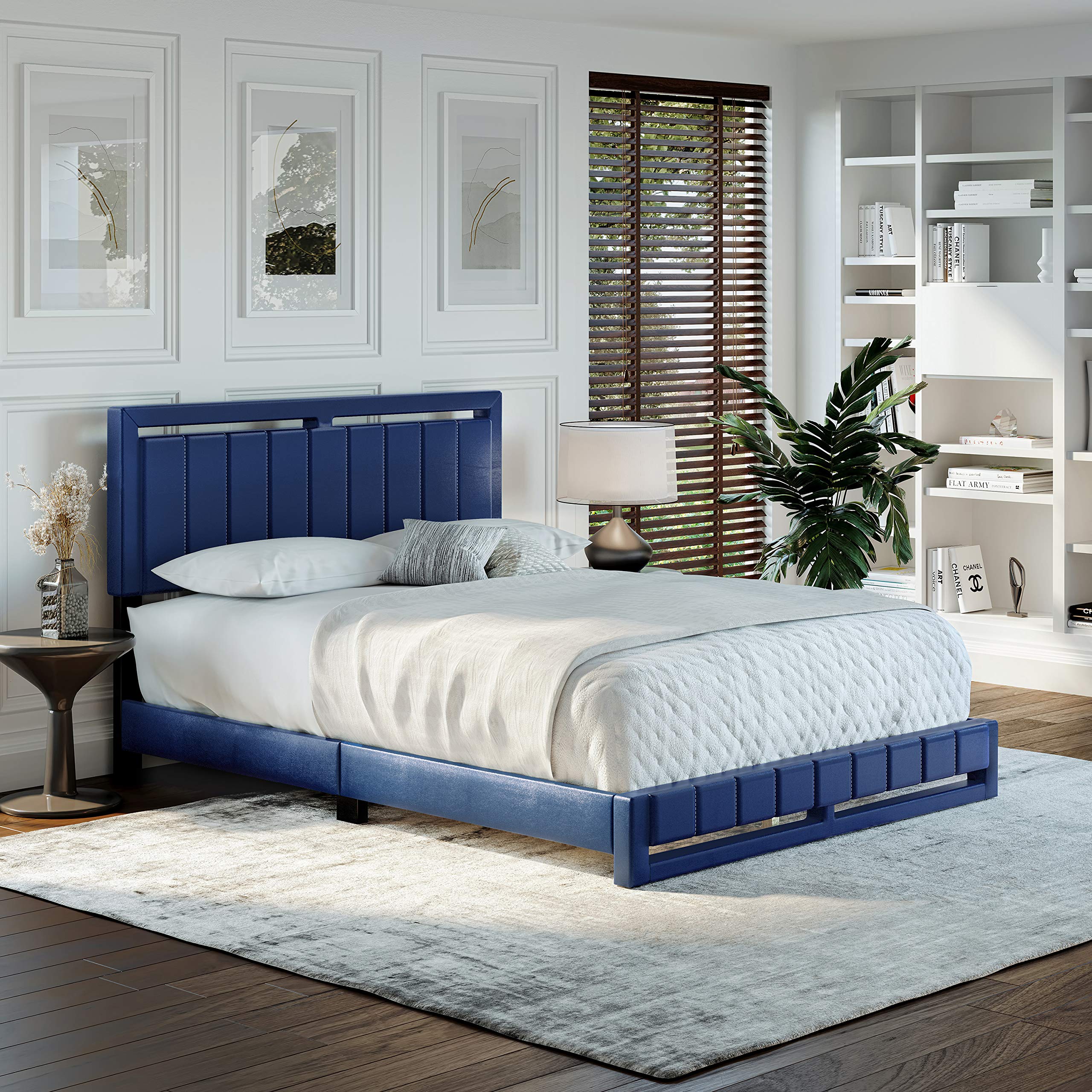 Boyd Sleep Beaumont Upholstered Platform Bed with Headboard, Mattress Foundation with Strong 14 Wood Slat Supports, No Box Spring Required, Black Faux Leather, Size Queen