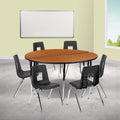 Flash Furniture 60 Circle Wave Collaborative Laminate Activity Table Set with 18 Student Stack Chairs, Oak/Black