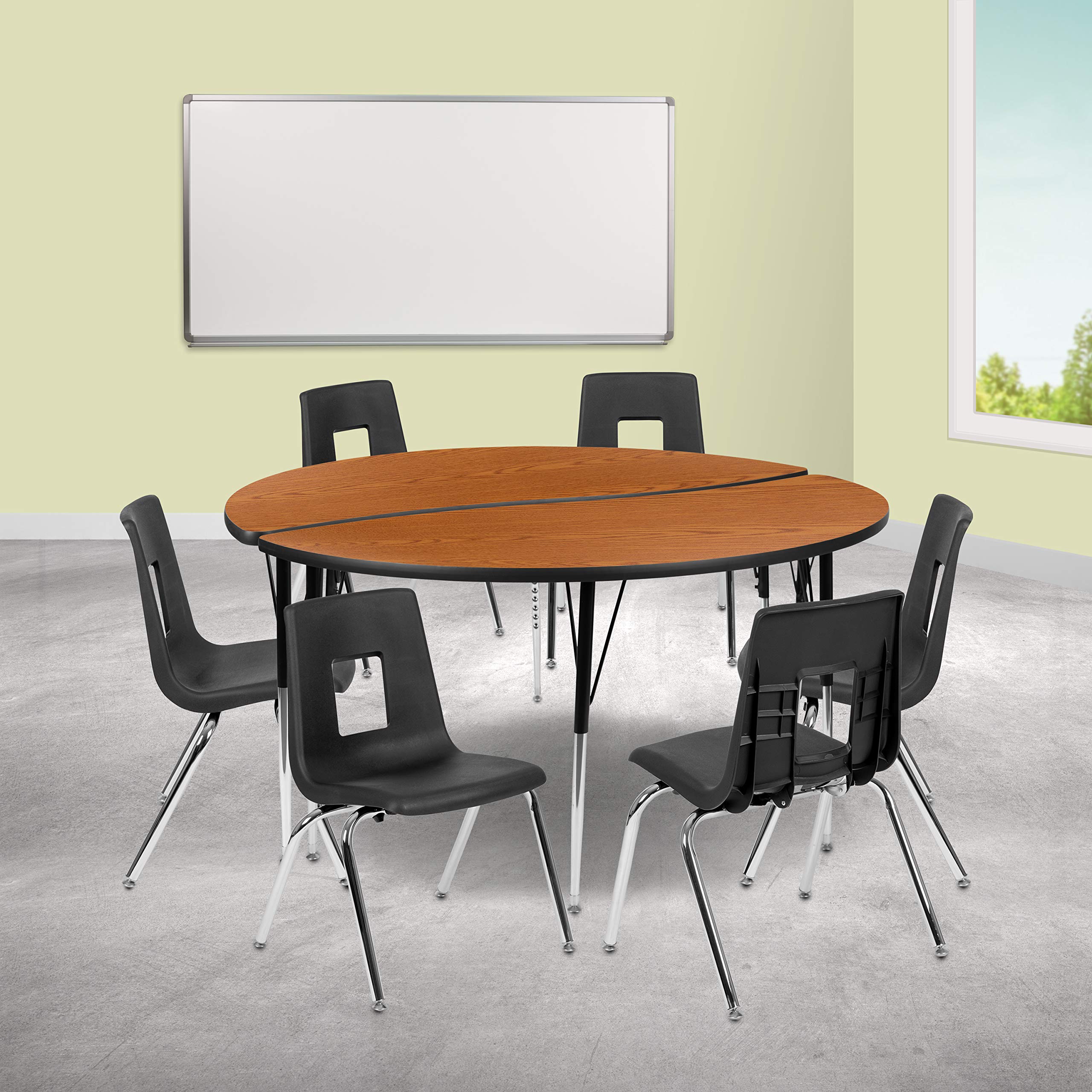 Flash Furniture 60 Circle Wave Collaborative Laminate Activity Table Set with 18 Student Stack Chairs, Oak/Black