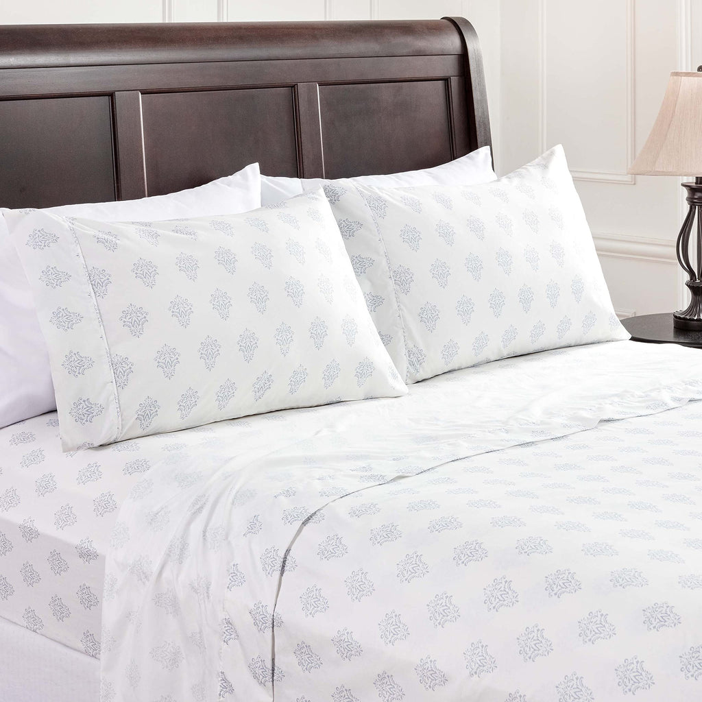 Chanasya Premium Small Damask Printed Victorian Patterned Queen Bed Sheet Set 4-Piece - 1 Flat 1 Fitted Sheet 2 Pillowcases - Ul