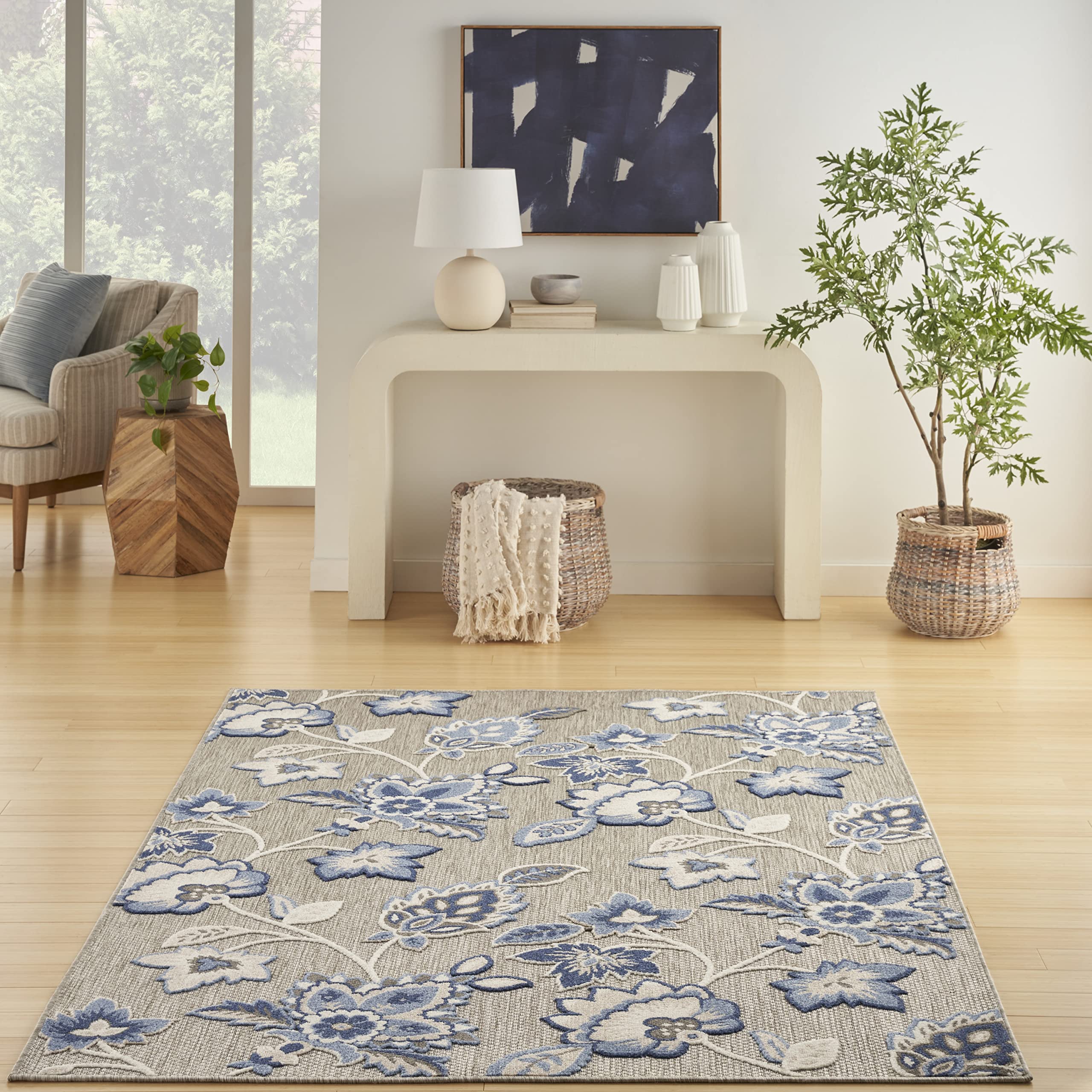 Nourison Aloha Indoor/Outdoor Modern Blue/Grey 7' X 10' Area Rug, Easy Cleaning, Non Shedding, Bed Room, Living Room, Dining Room, Kitchen (7X10)