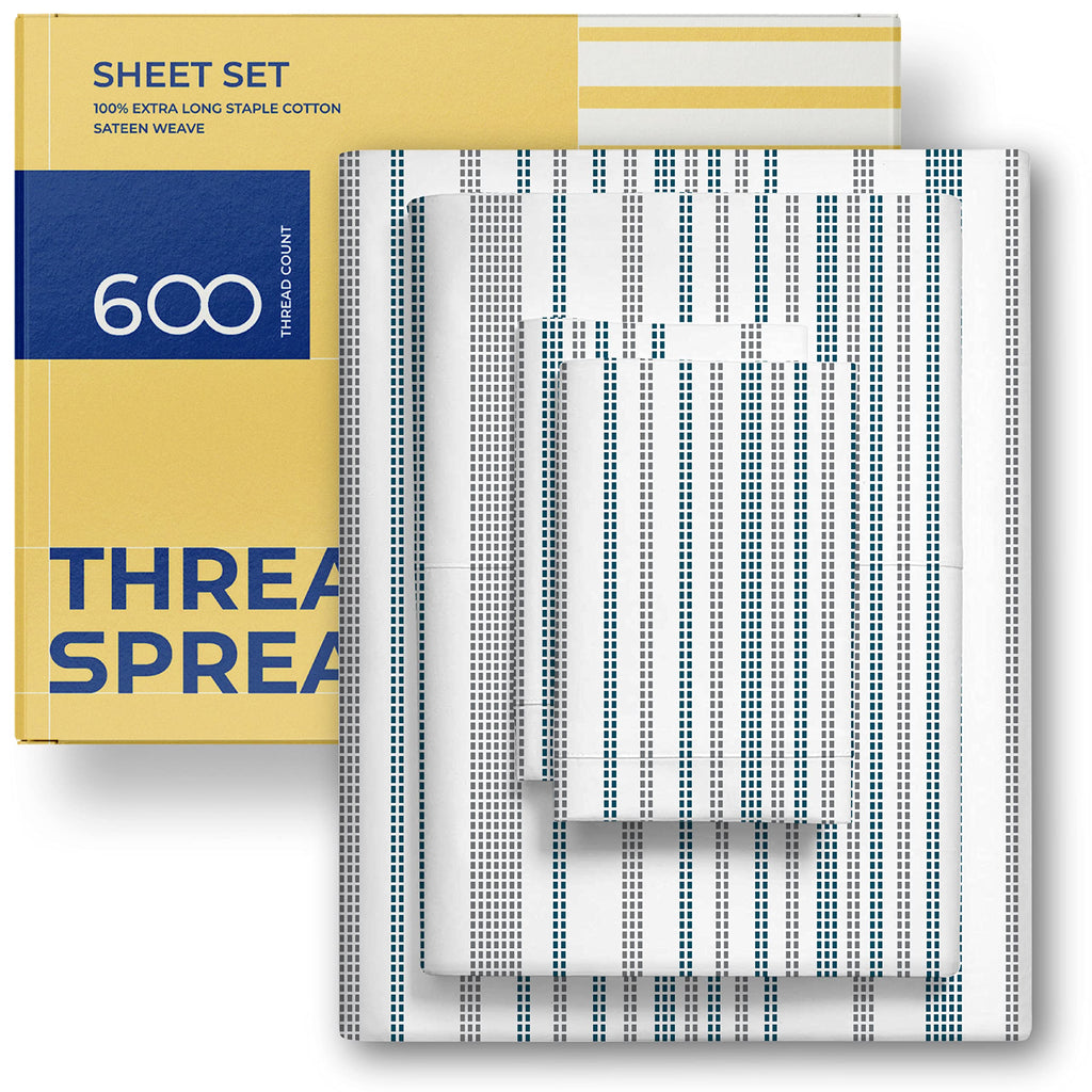 Thread Spread 100% Egyptian Cotton Printed Bed Sheets - 600 Thread Count 4 Pc King Sheet Set, Hotel Luxury Sateen Bedsheets, 16' Deep Pocket Soft Cooling Sheets For King Size Bed - Dotted Stripe