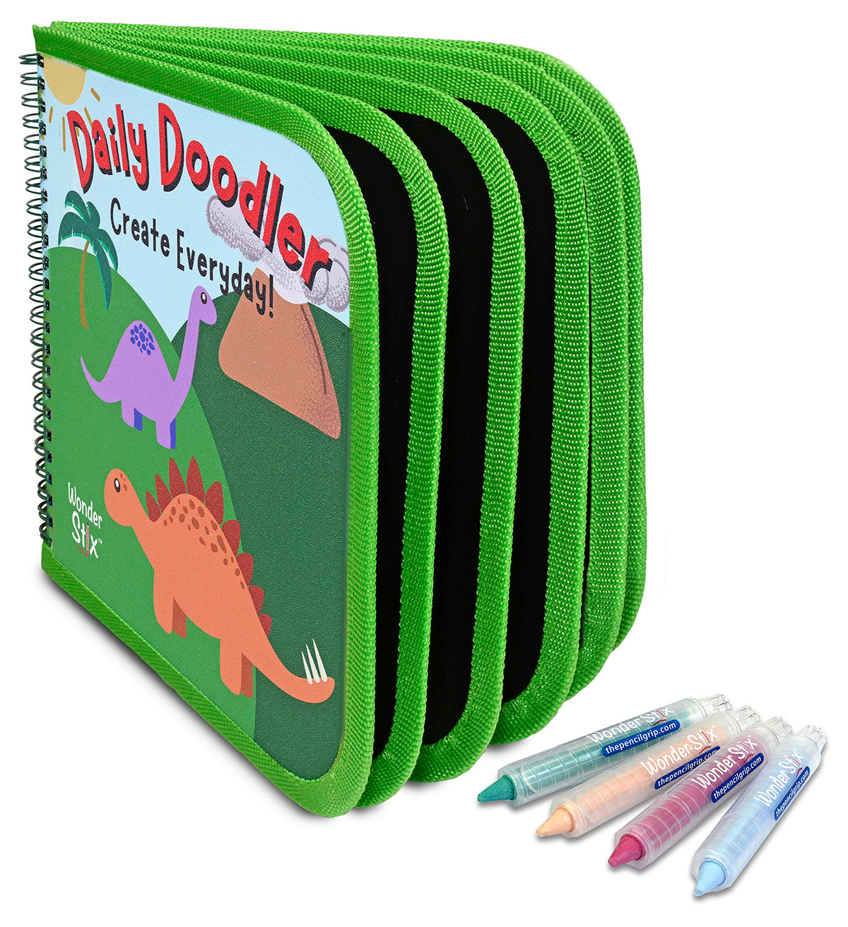 The Pencil Grip Daily Doodler Reusable Activity Book- Dino Cover, Includes 4 Wonder Stix