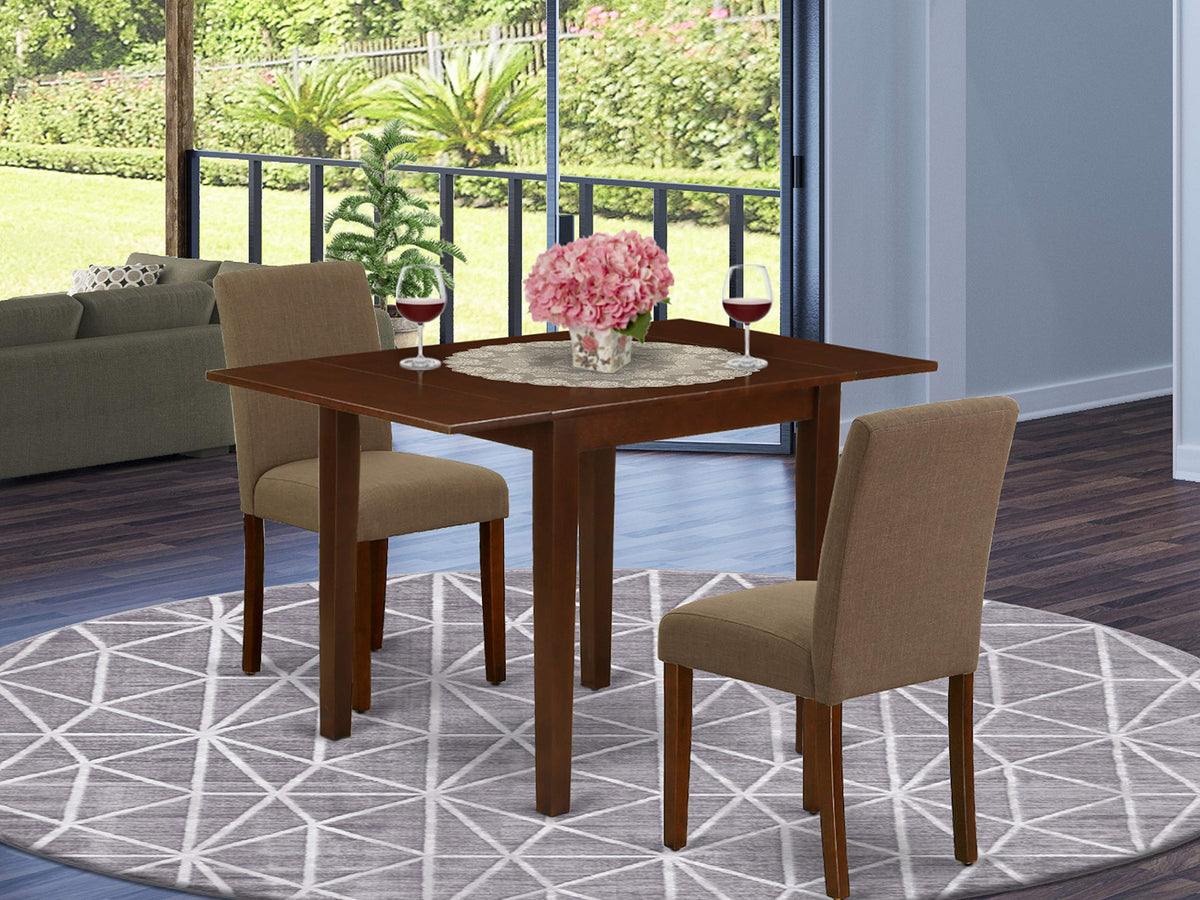 East West Furniture 1NDAB3-MAH-18 3 Piece Kitchen Set Contains a Rectangle Room Table with Dropleaf and 2 Coffee Linen Fabric Parson Dining Chairs, 30x48 Inch
