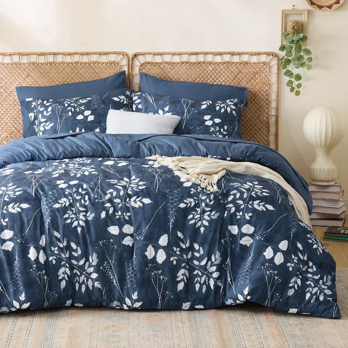 Bedsure Navy Full Comforter Set - 7 Pieces Floral Bedding Sets Full Bed In A Bag With Reversible Botanical Flowers Comforter, Sheets, Pillowcases & Shams
