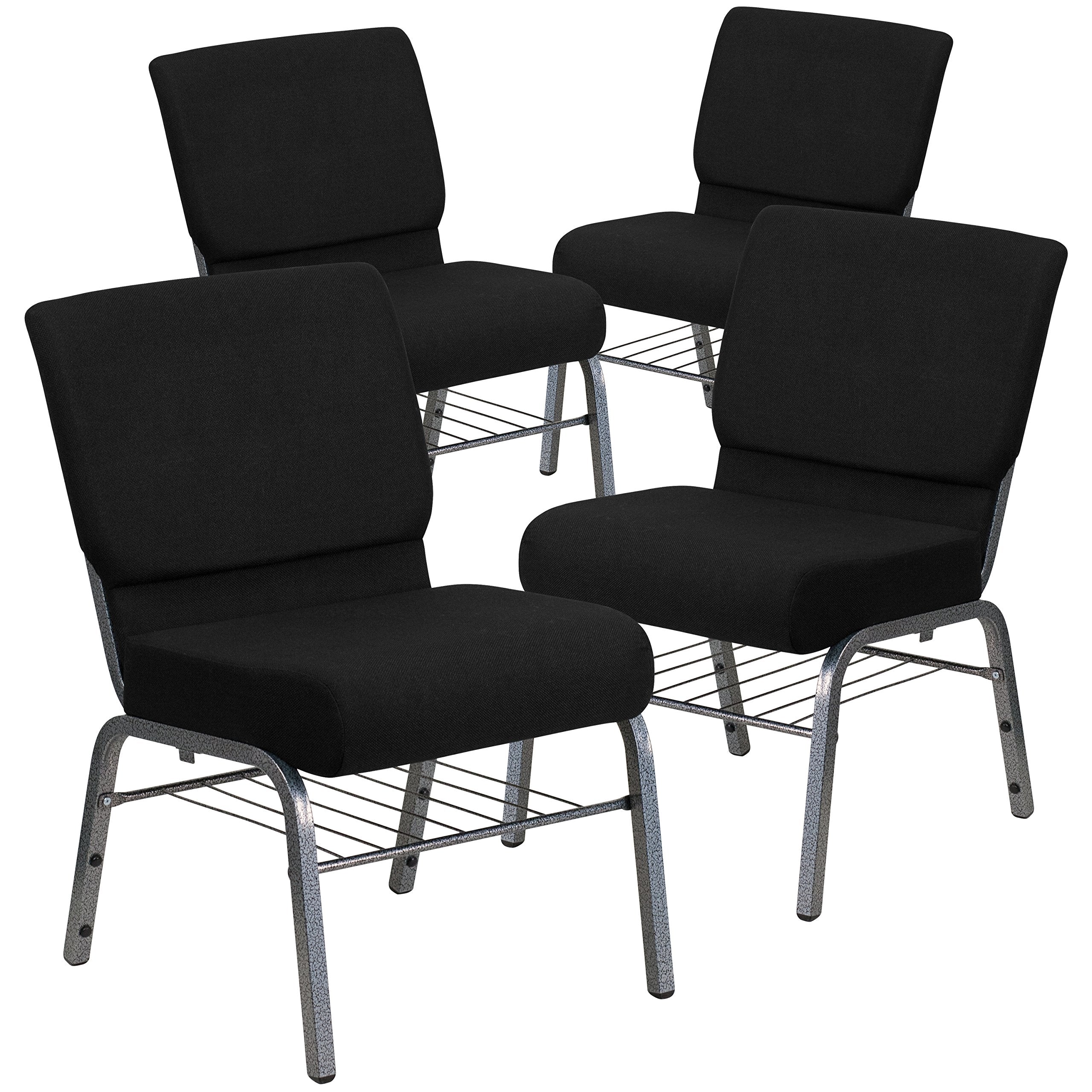 4 Pk. 21 Black Fabric Church Chair, Book Rack - Silver Vein Frame