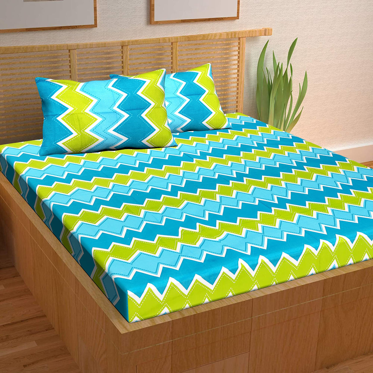 BedZone Jaipuri Print 100% Cotton Rajasthani Tradition Queen Size Double Bedsheet with 2 Pillow Cover, Multi (Green)