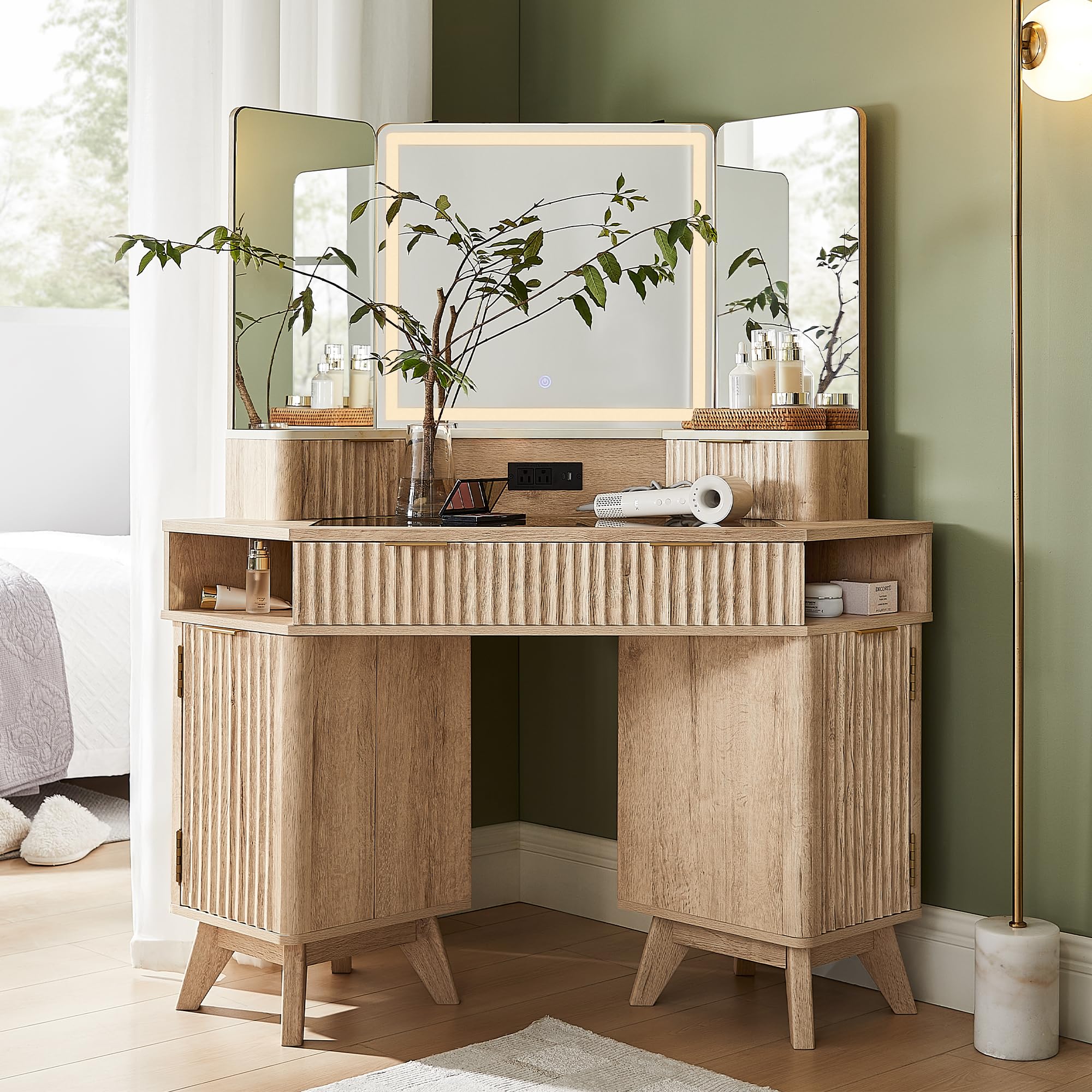 T4TREAM Fluted Makeup Vanity Desk with 3 Way Mirror and Lights, 48 Large Corner Vanity Table with Glass Top, Charging Station, 3