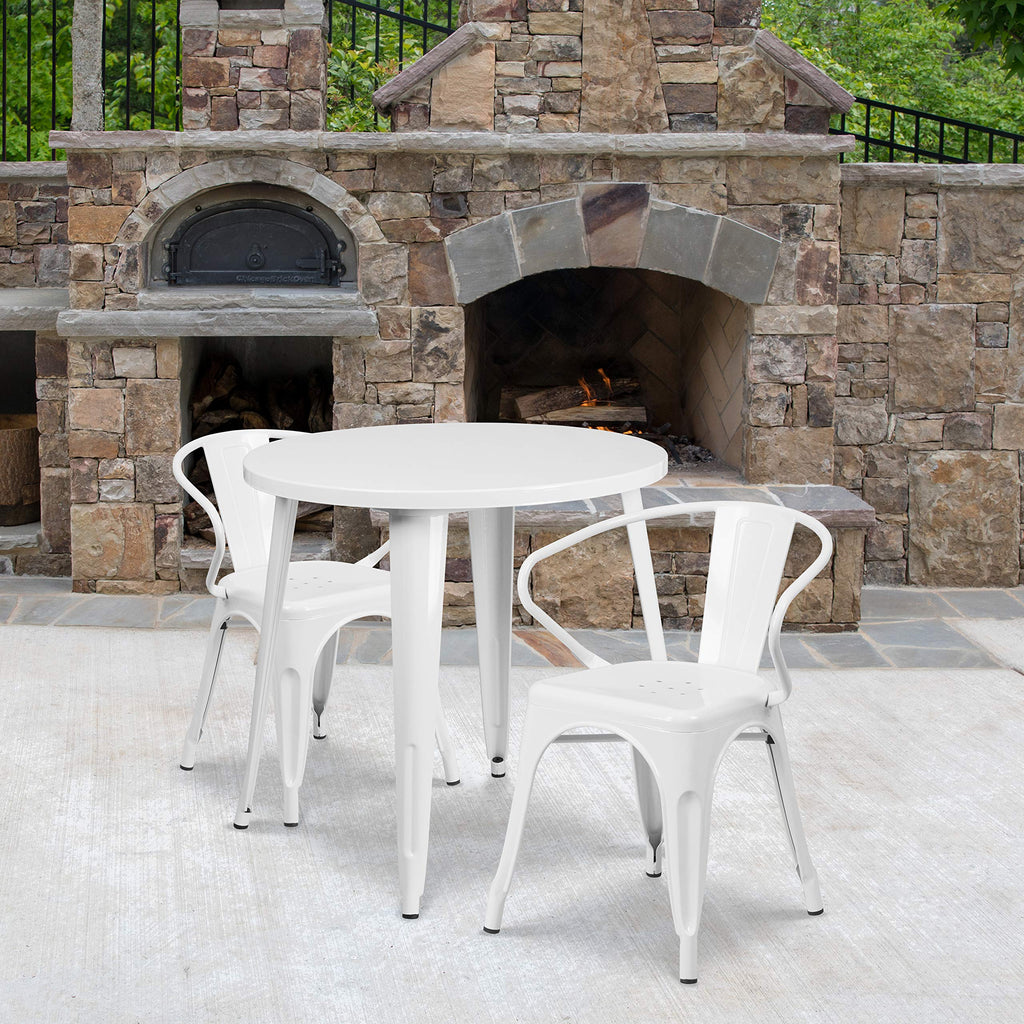 Flash Furniture Conrad Commercial Grade 30" Round White Metal Indoor-Outdoor Table Set with 2 Arm Chairs