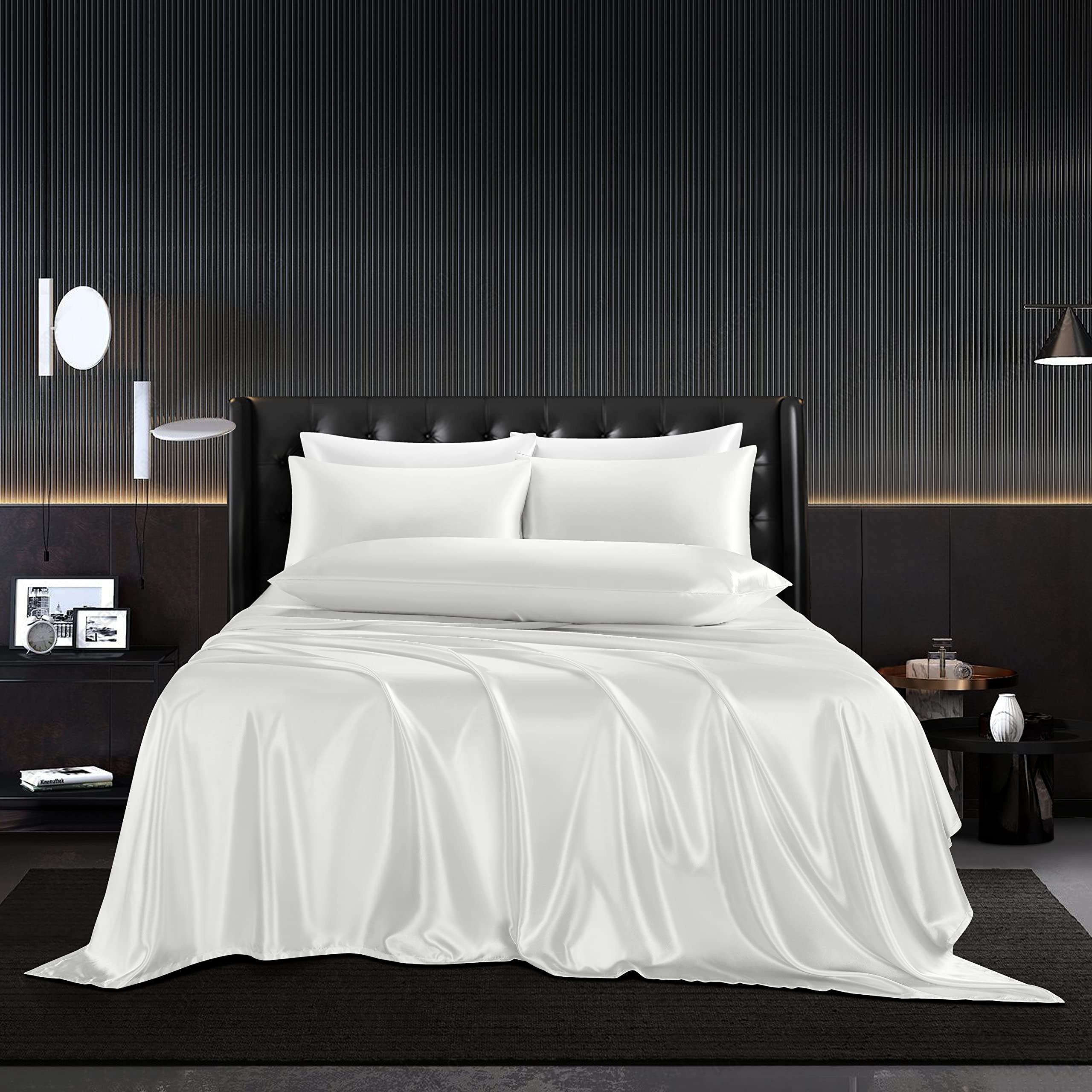 Hommxjf 5Pcs White Satin Sheets Set Queen Size White Silky Sheets Breathable Luxury White Bedding Sheets With 1 Satin Flat Sheet