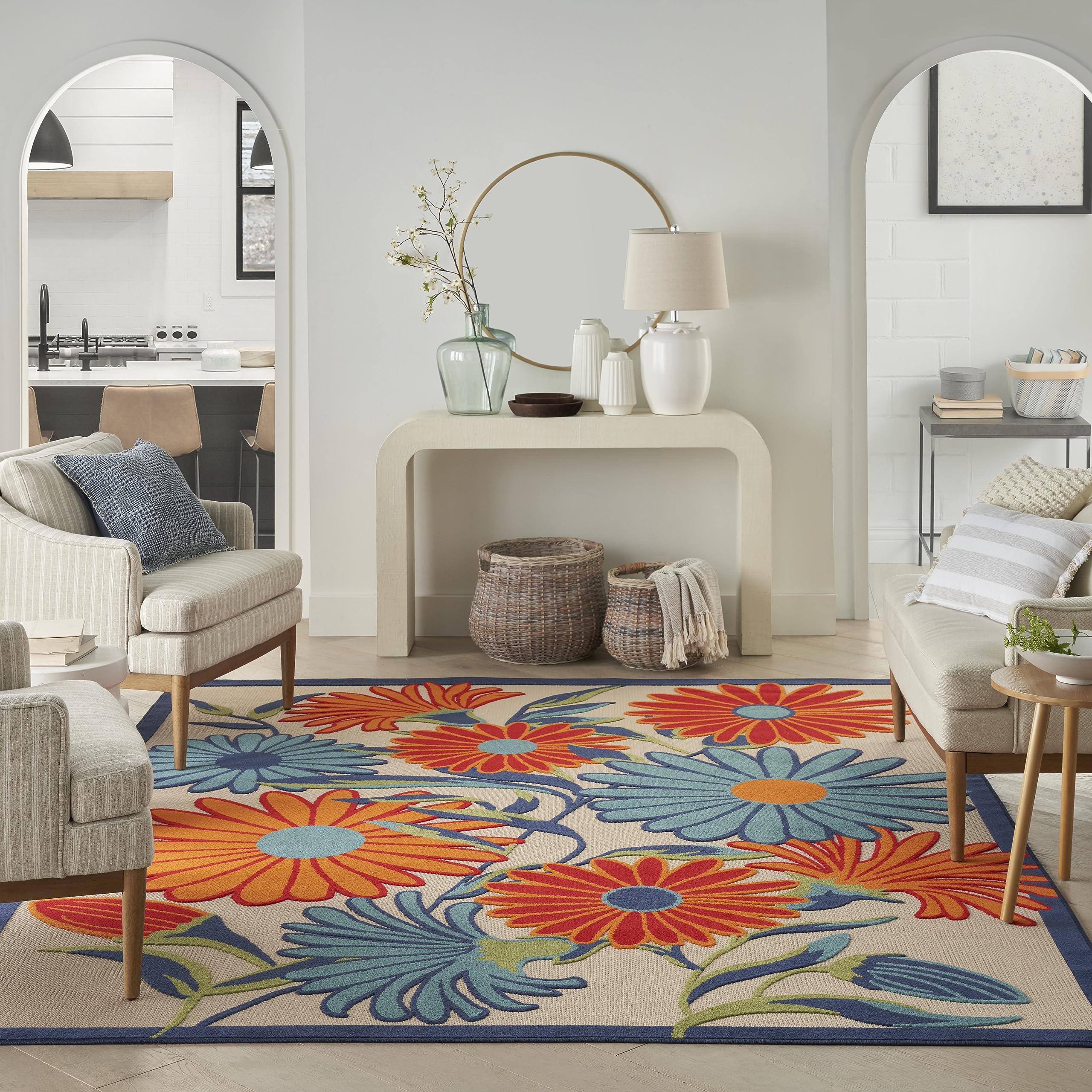 Nourison Aloha Outdoor Multicolor 10' X 14' Area Rug, Easy Cleaning, Non Shedding, Bed Room, Living Room, Dining Room, Deck, Backyard, Patio (10X14)