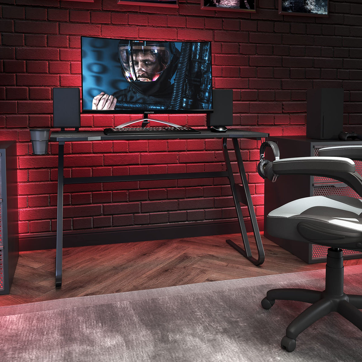 Flash Furniture Fisher Gaming Desk - Black Ergonomic Computer Desk - 51.5" Gamers Table with Cup Holder and Headphone Hook