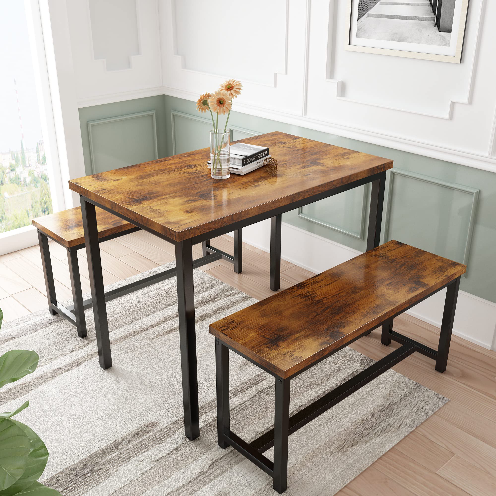 Awqm Dining Table Set With Two Benches, Kitchen Table Set For 4-6 Persons, Kitchen Table Of 43.4 X 23.7 X 28.6 Inches, Bench Of 38.6 X 11.9 X 17.6 Inches Each, Rustic Brown And Black
