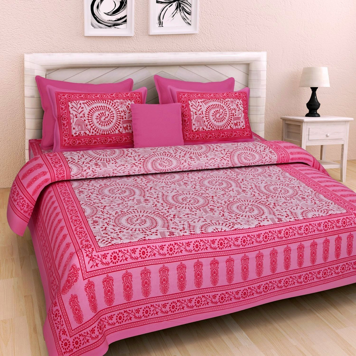 Monique Brand Present 100% Pure Cotton 144 TC Jaipuri Rajasthani Printed King Size Bedsheet for Double Bed Pink Color Bedsheet w