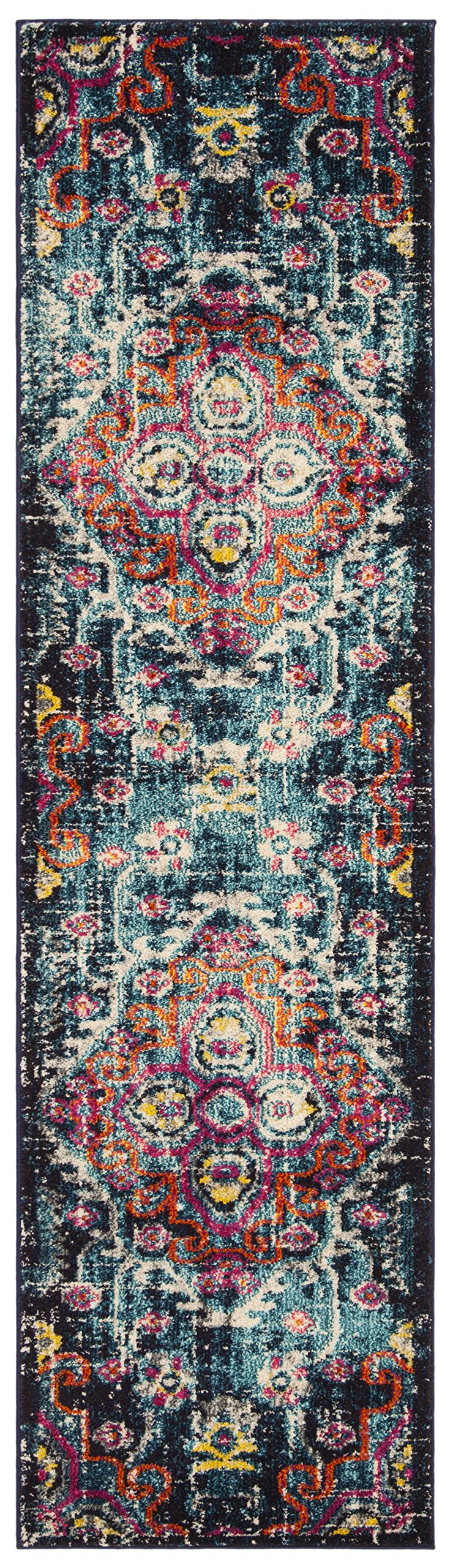 SAFAVIEH Monaco Collection Runner Rug - 22 x 8, Blue & Fuchsia, Boho Chic Medallion Distressed Design, Non-Shedding & Easy Car