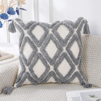 Panod Super Soft Farmhouse Decorative Plush Throw Pillow Covers 20 X 20 Grey,Solid Diamond Pattern Tufted With Tassels Modern Ac