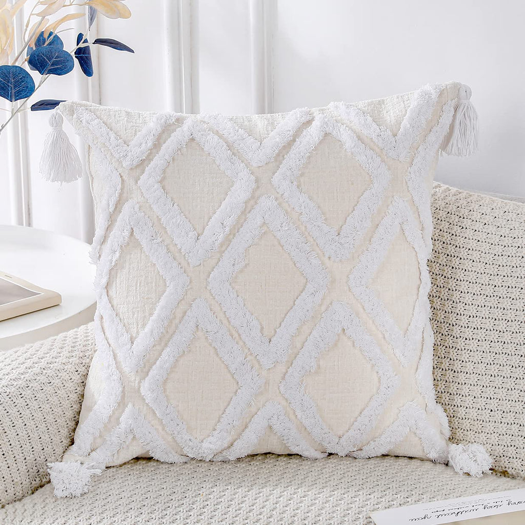 Panod Super Soft Farmhouse Decorative Plush Throw Pillow Covers 24 X 24 White,Solid Diamond Pattern Tufted With Tassels Modern A