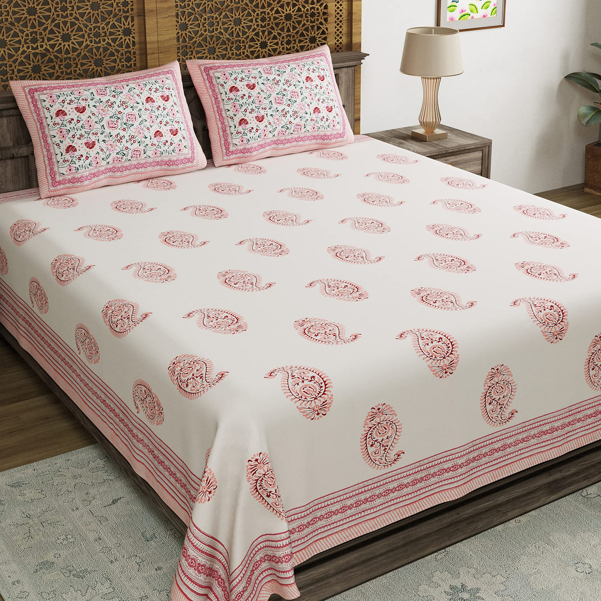 BLOCKS OF INDIA Hand Block Printed 200 TC Cotton King Size Bedsheet (Pink Paisley)