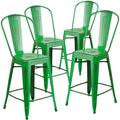 4 Pk. 24 High Distressed Green Metal Indoor Counter Height Stool with Back