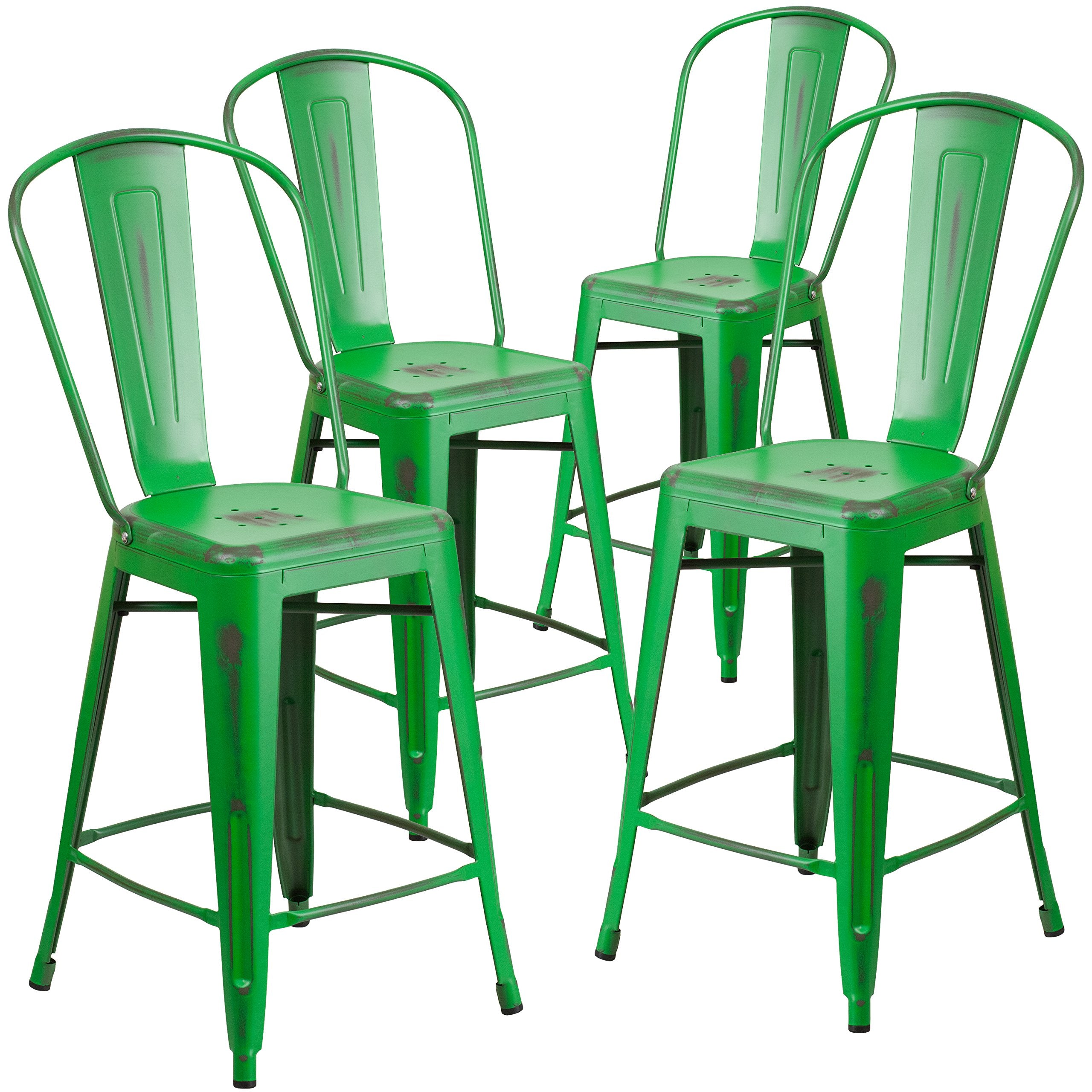 4 Pk. 24 High Distressed Green Metal Indoor Counter Height Stool with Back