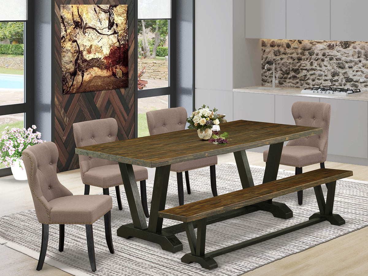 East West Furniture V-Style 6 Piece Set Contains A Rectangle Dining Room Table With V-Legs And 4 Coffee Linen Fabric Parson Chairs With A Bench, 40X72 Inch, Multi-Color