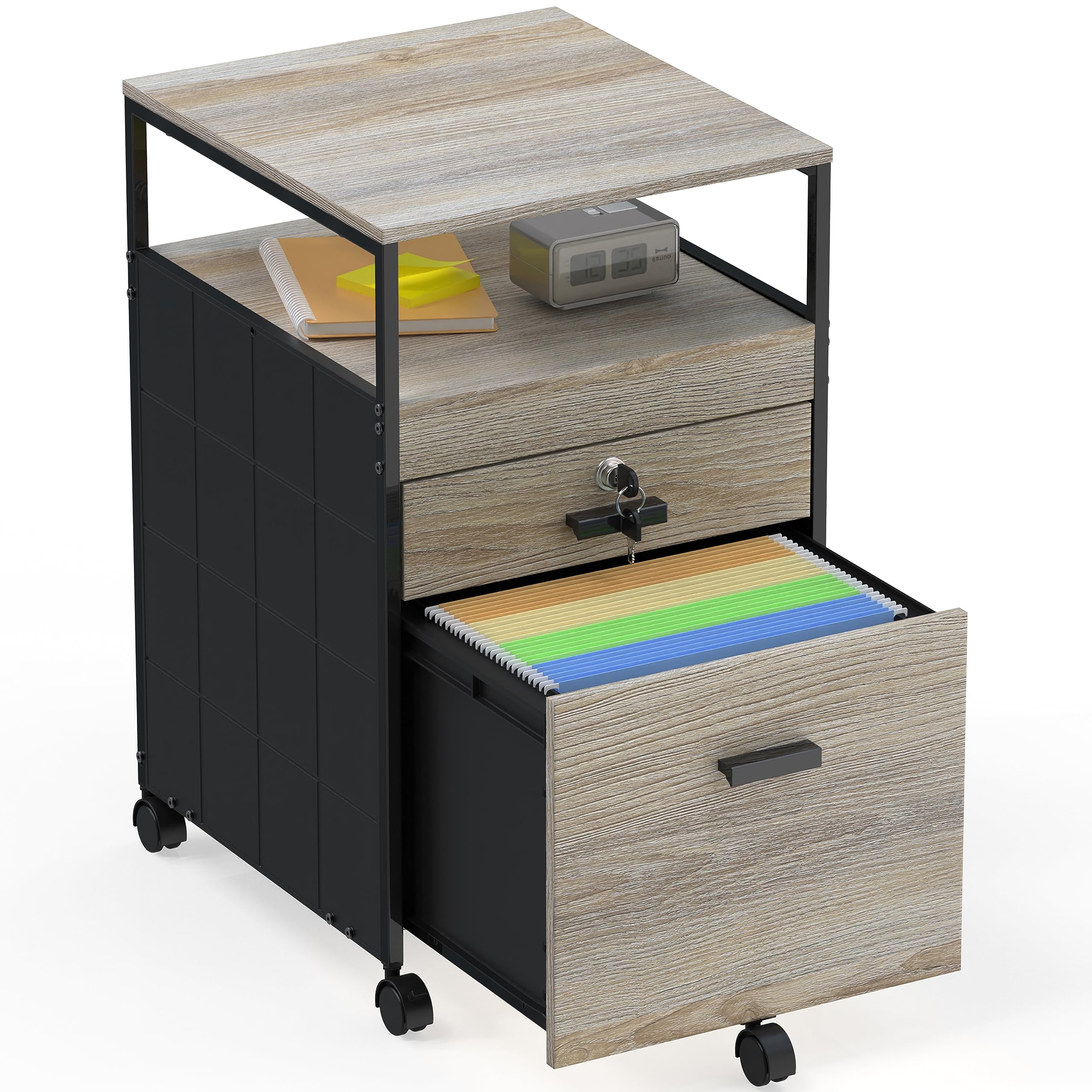 SHW Box File Rolling Mobile Cabinet with Open Shelf and Lockable Drawer, Maple